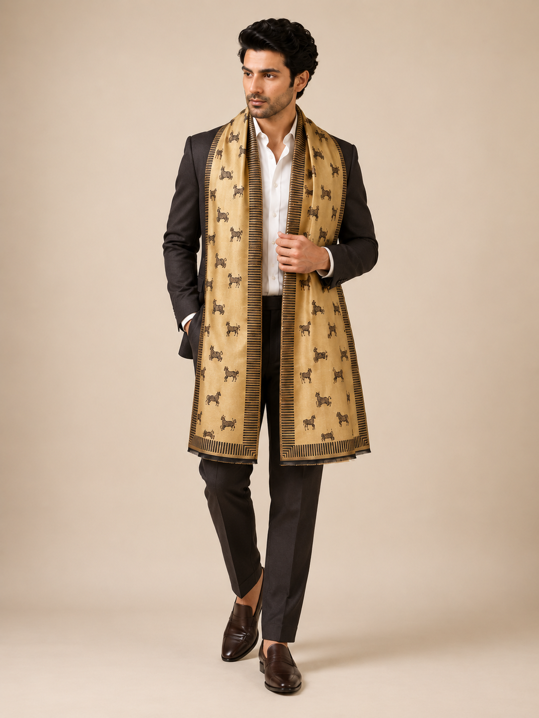 Reversible Black Gold Zari Fine Wool Stole with Horse Motif