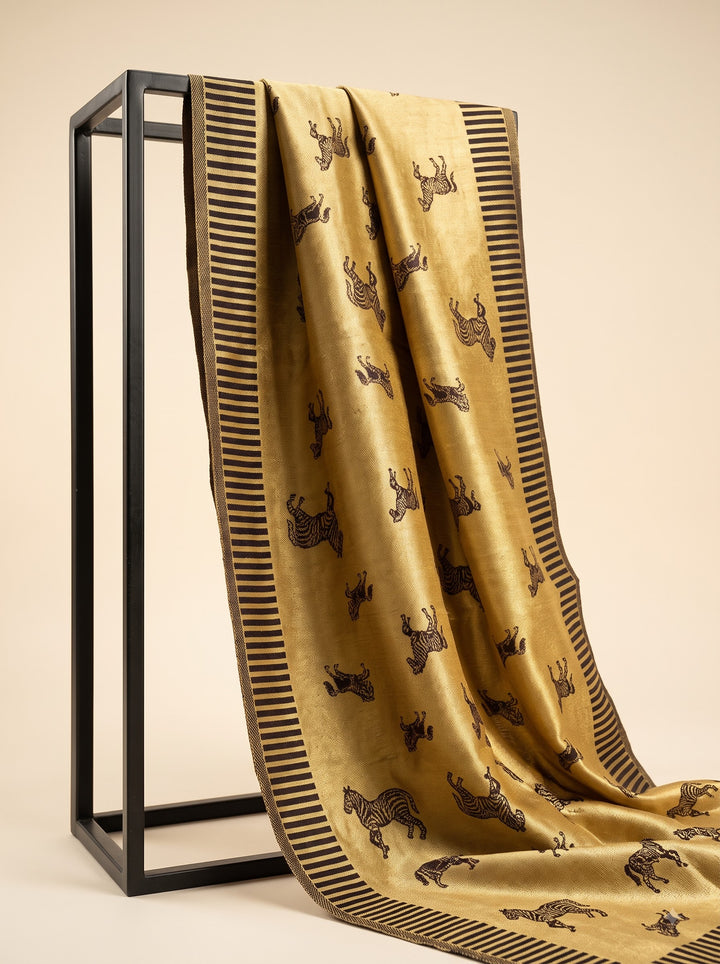 Reversible Black Gold Zari Fine Wool Stole with Horse Motif