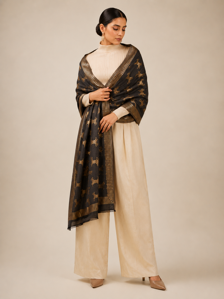 Reversible Black Gold Zari Fine Wool Stole with Horse Motif