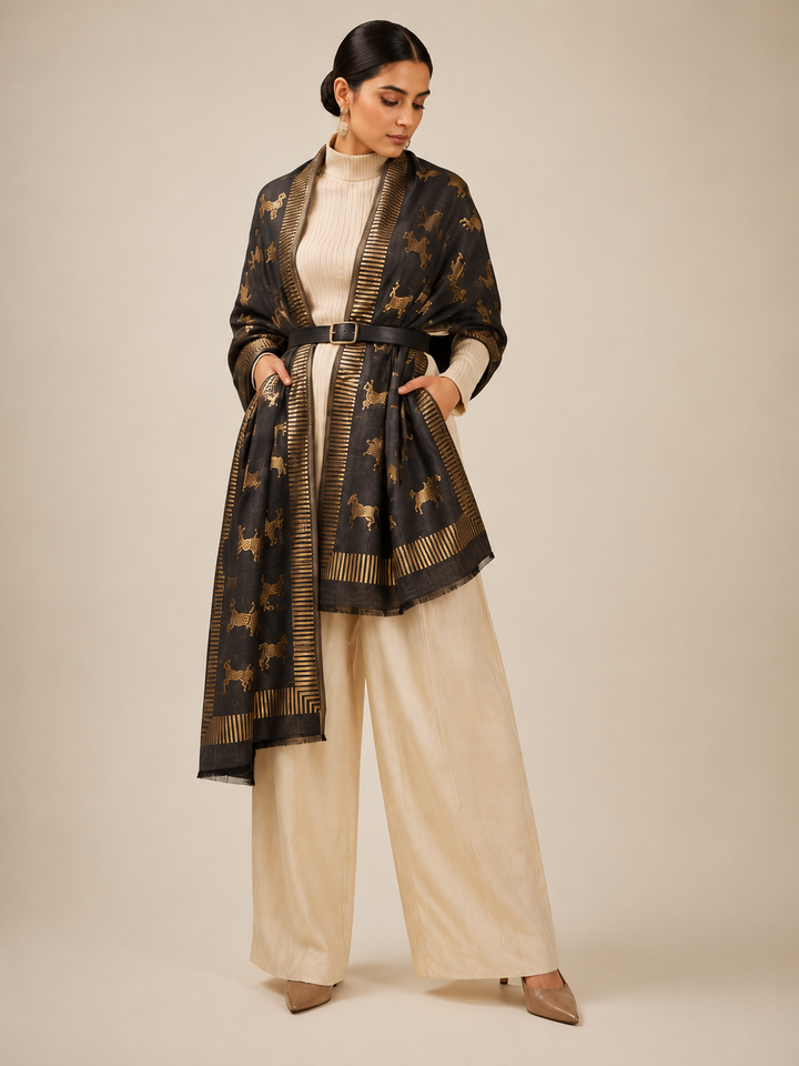 Reversible Black Gold Zari Fine Wool Stole with Horse Motif