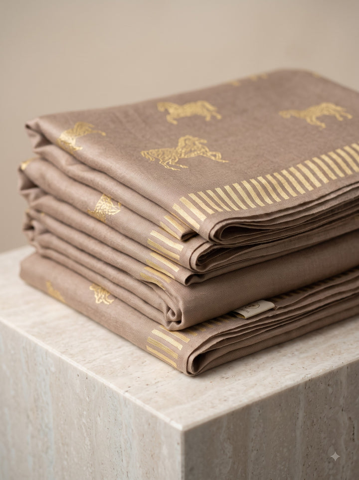 Reversible Gold Beige Zari Fine Wool Stole with Horse Motif