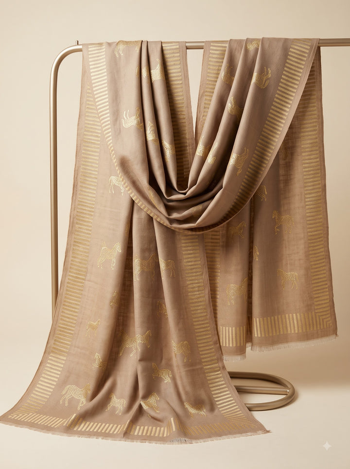 Reversible Gold Beige Zari Fine Wool Stole with Horse Motif
