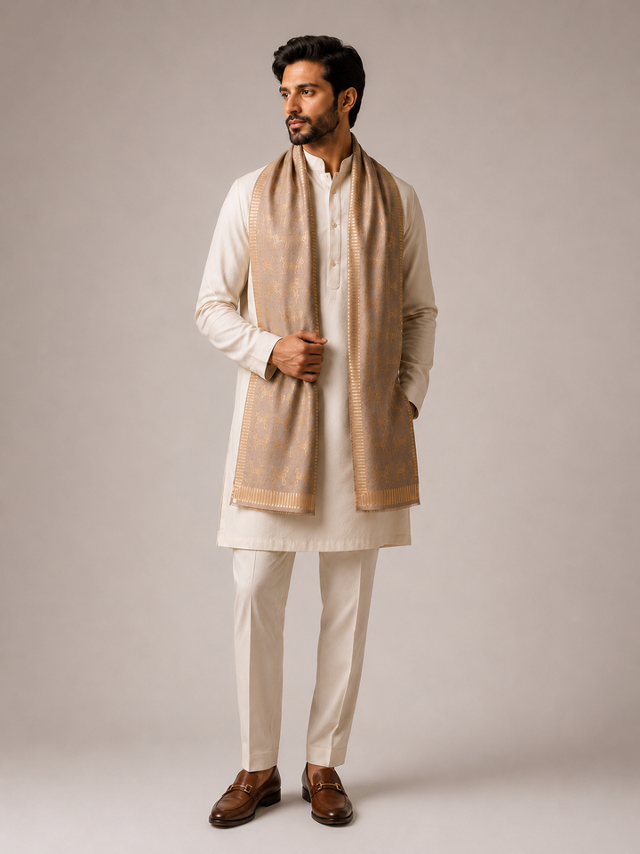 The Morpankh Box | Reversible Beige &amp; Gold Zari Stole with Dry Fruits by Dusala