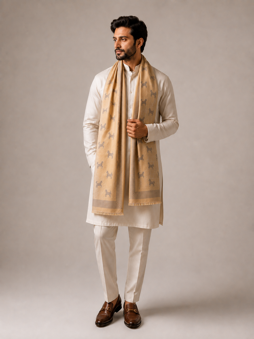 Reversible Gold Beige Zari Fine Wool Stole with Horse Motif
