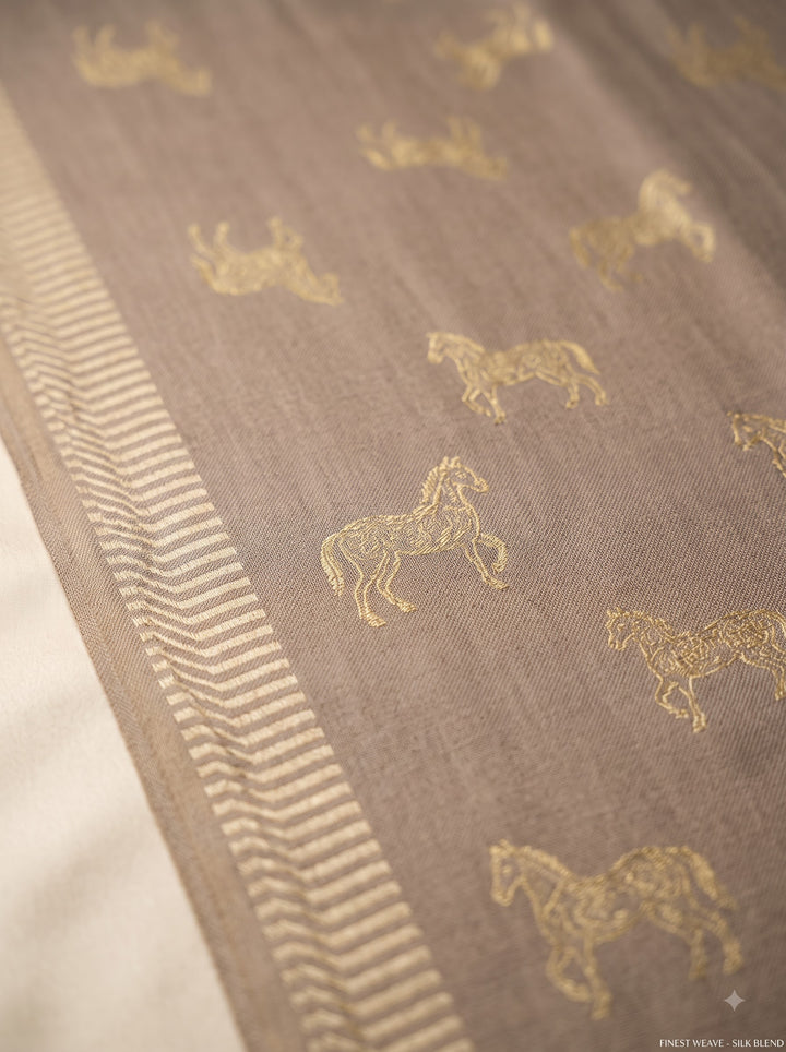 Reversible Gold Beige Zari Fine Wool Stole with Horse Motif