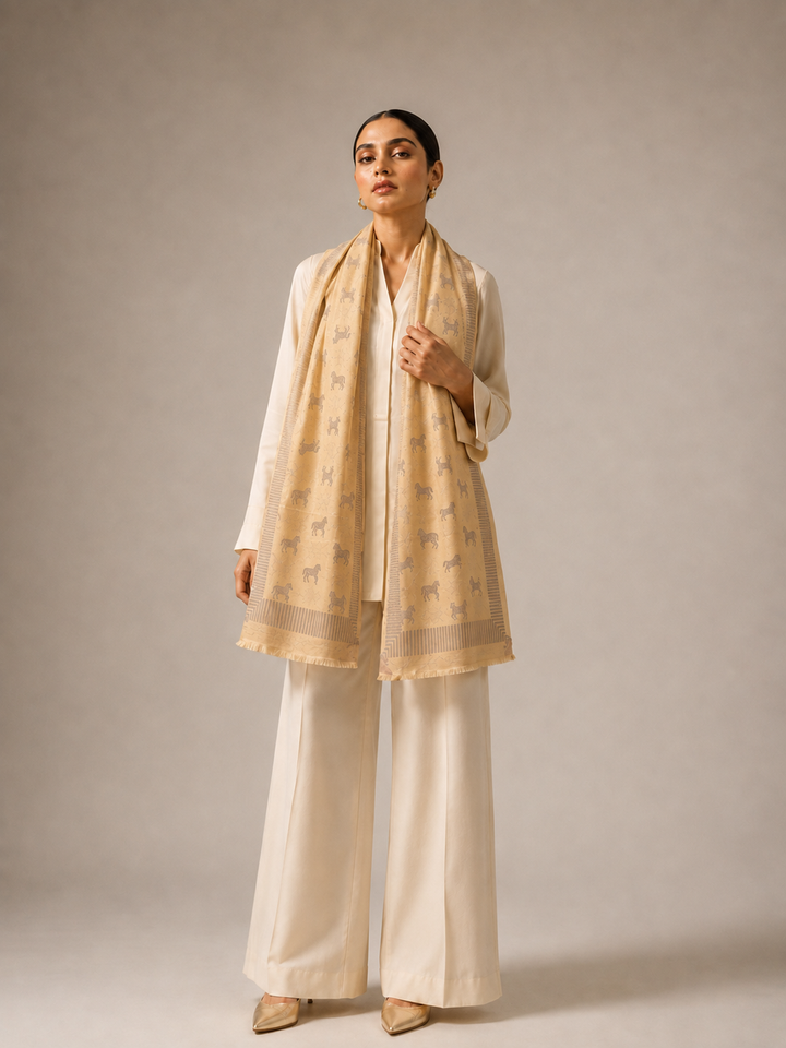 Reversible Gold Beige Zari Fine Wool Stole with Horse Motif