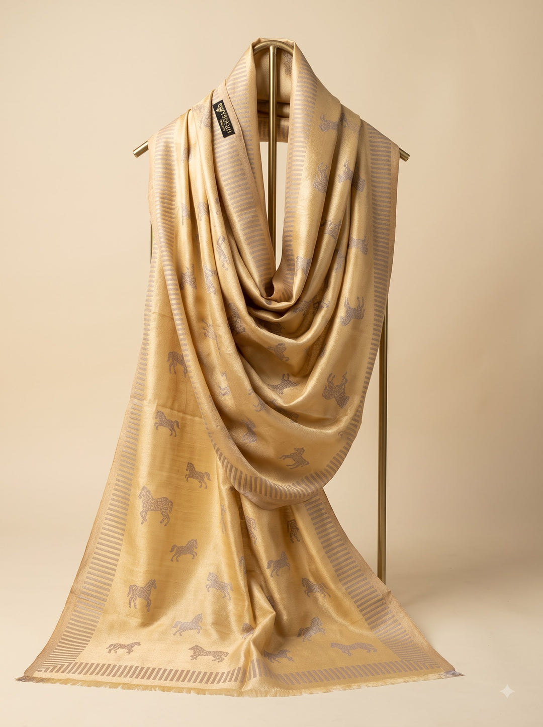 Reversible Gold Beige Zari Fine Wool Stole with Horse Motif