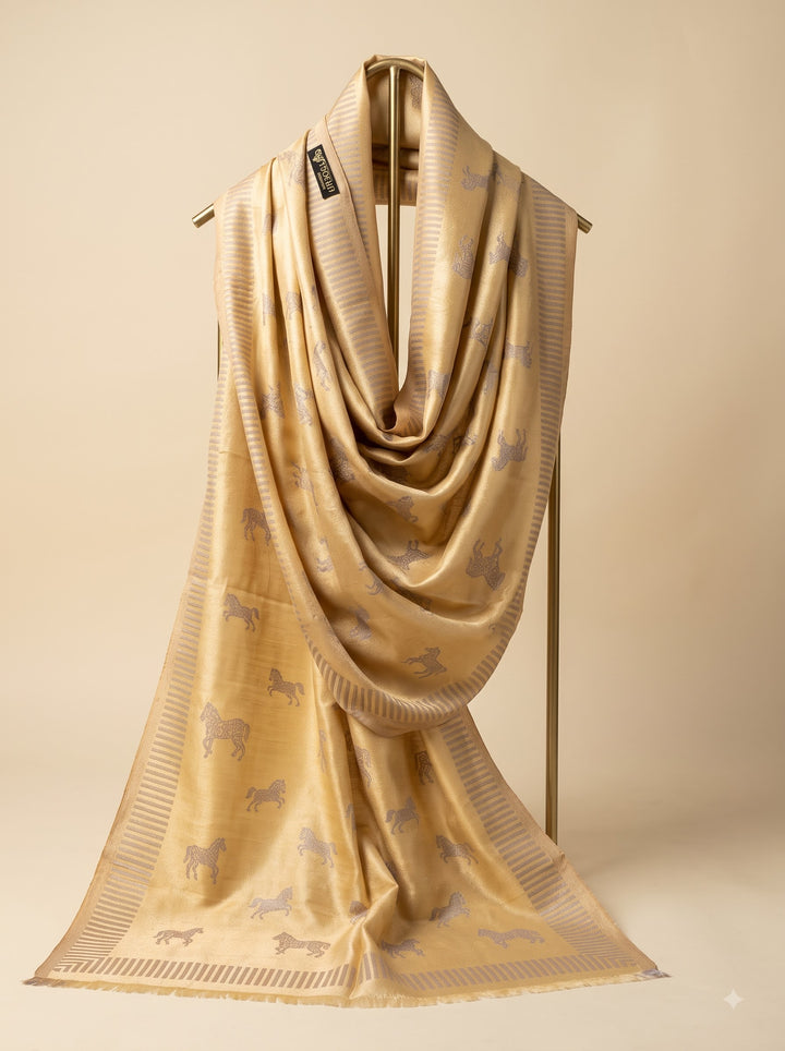 Reversible Gold Beige Zari Fine Wool Stole with Horse Motif