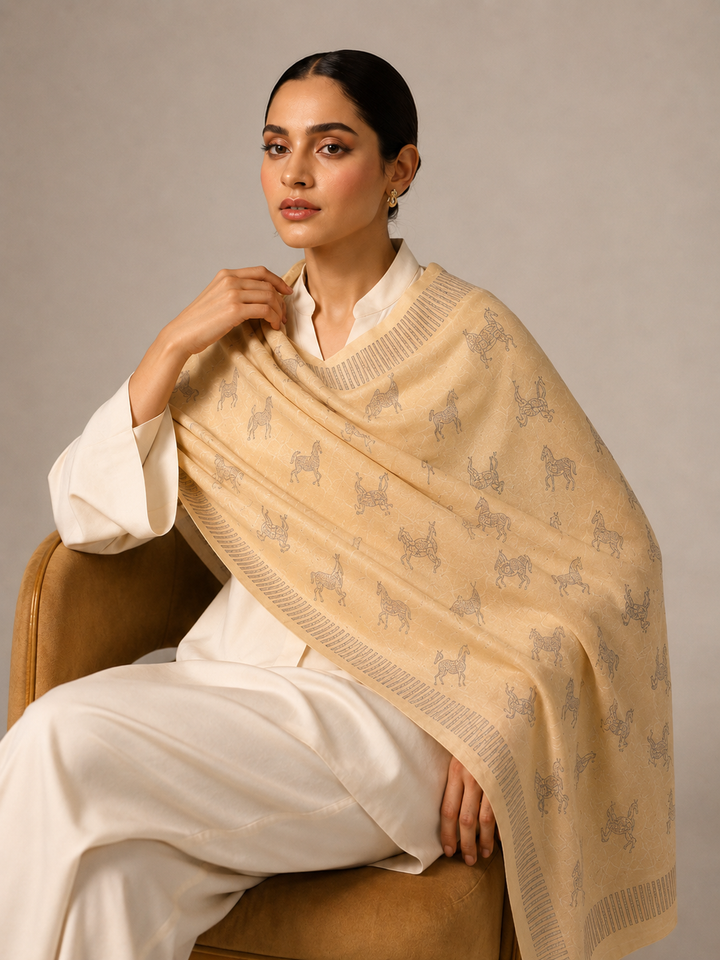 Reversible Gold Beige Zari Fine Wool Stole with Horse Motif