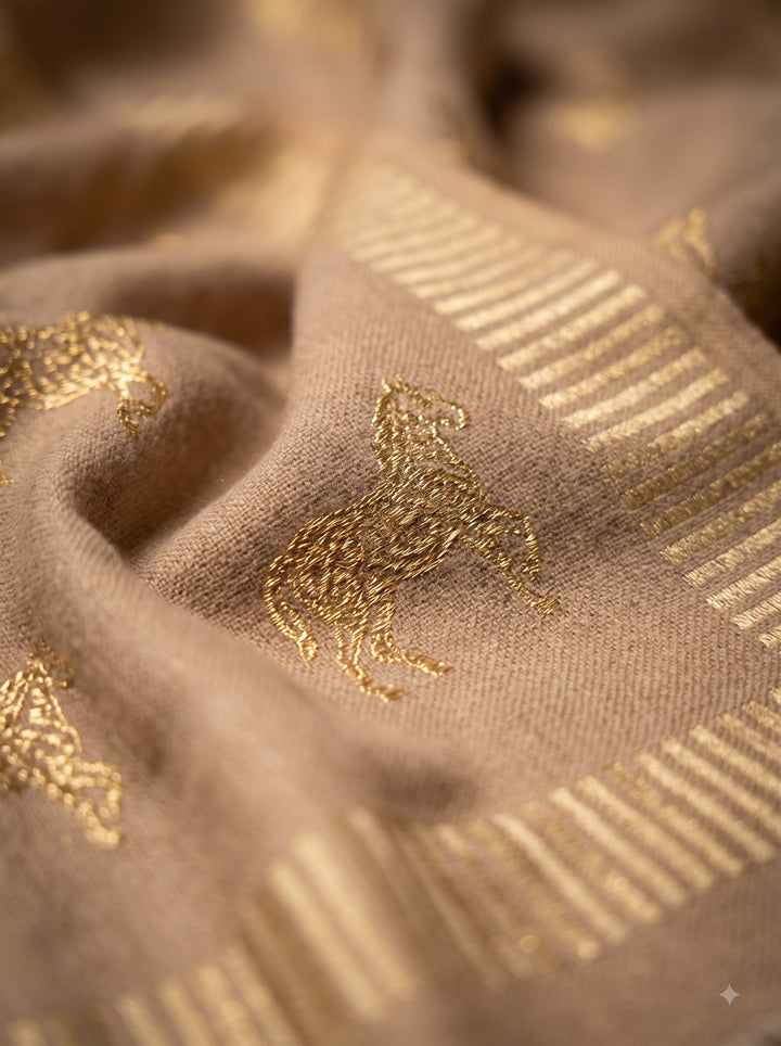 Reversible Gold Beige Zari Fine Wool Stole with Horse Motif