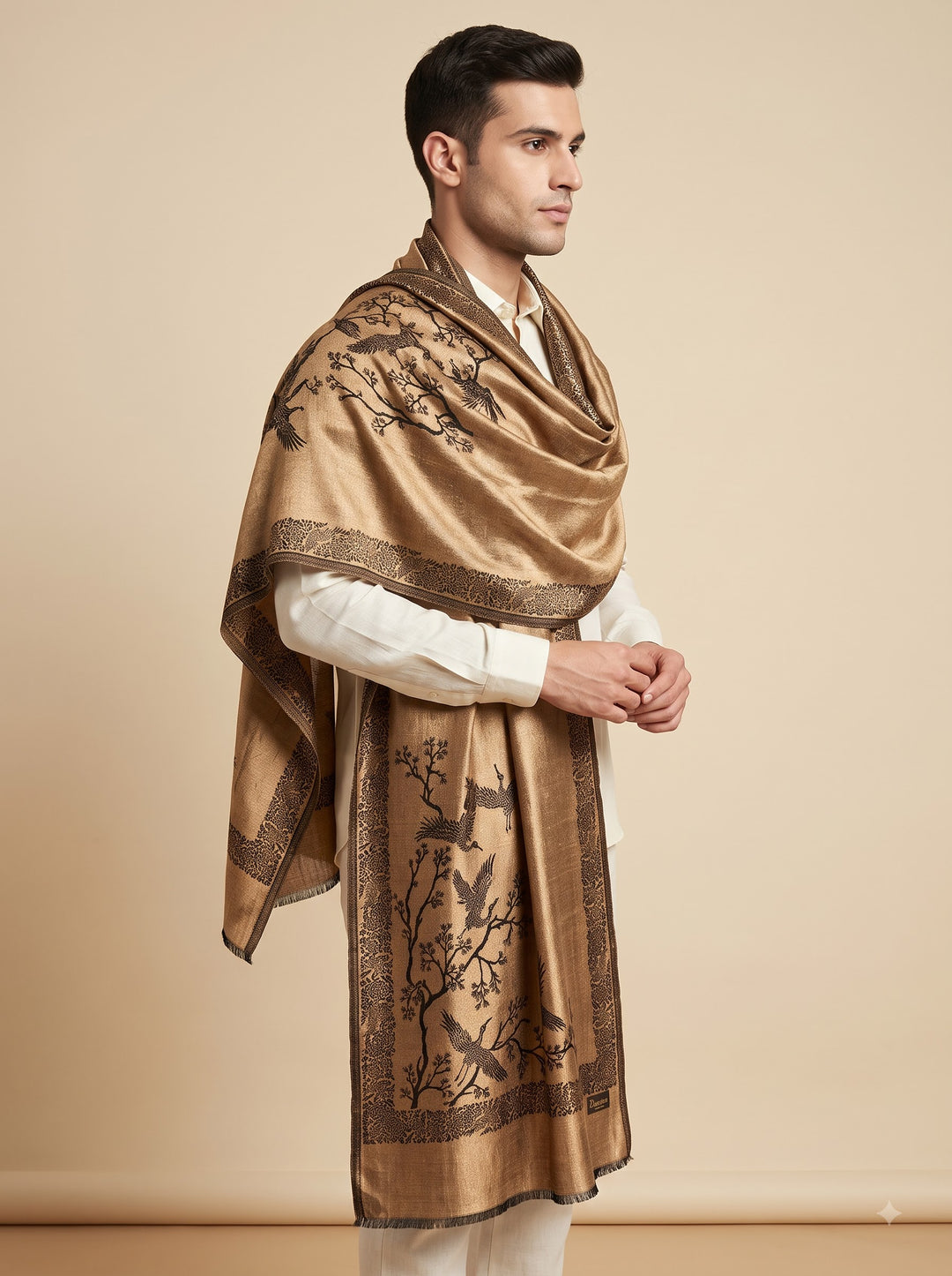 Reversible Black Gold Zari Fine Wool Shawl with Crane Motif