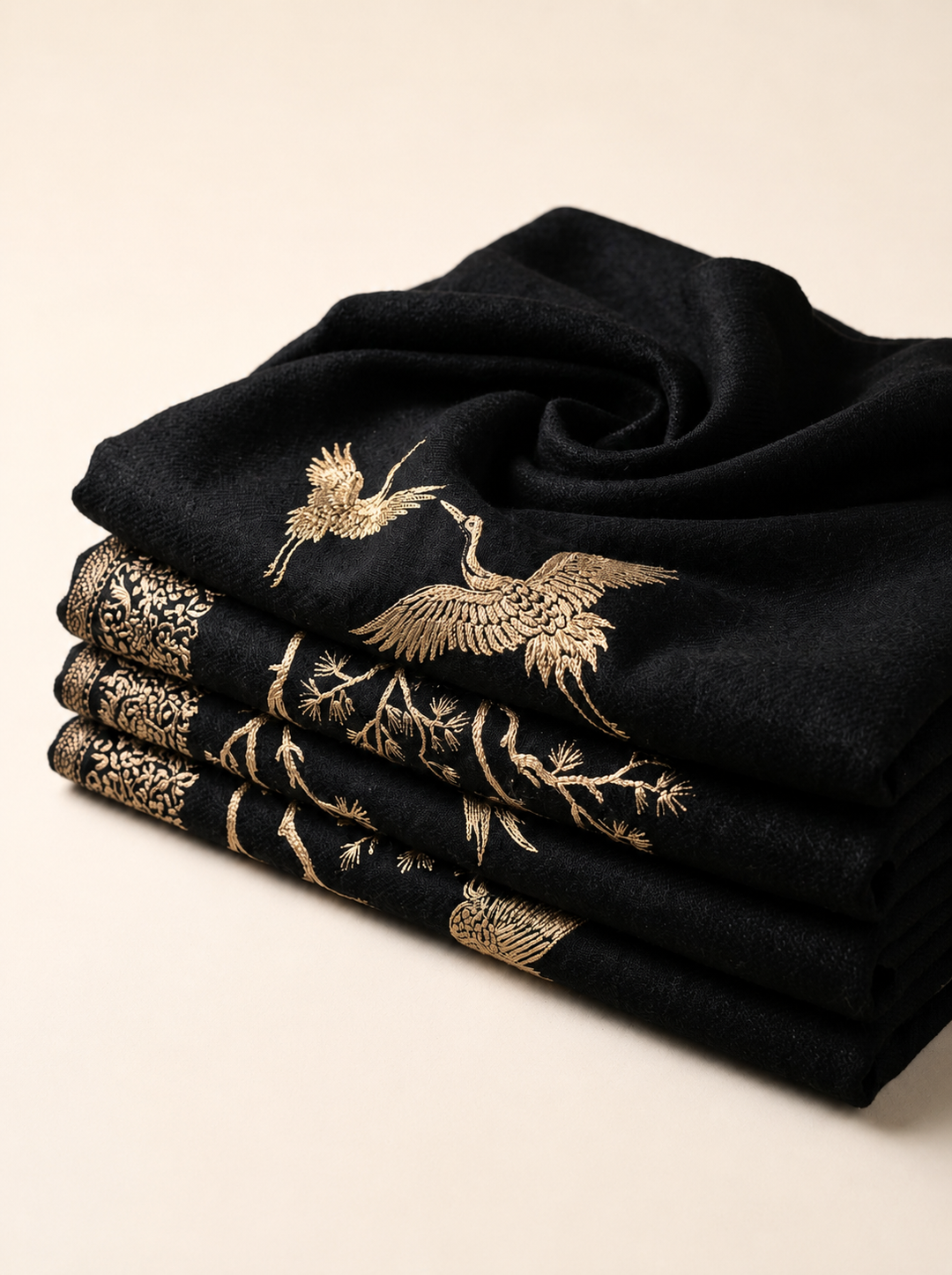 Reversible Black Gold Zari Fine Wool Shawl with Crane Motif