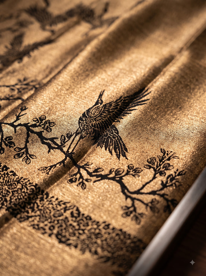 Reversible Black Gold Zari Fine Wool Shawl with Crane Motif