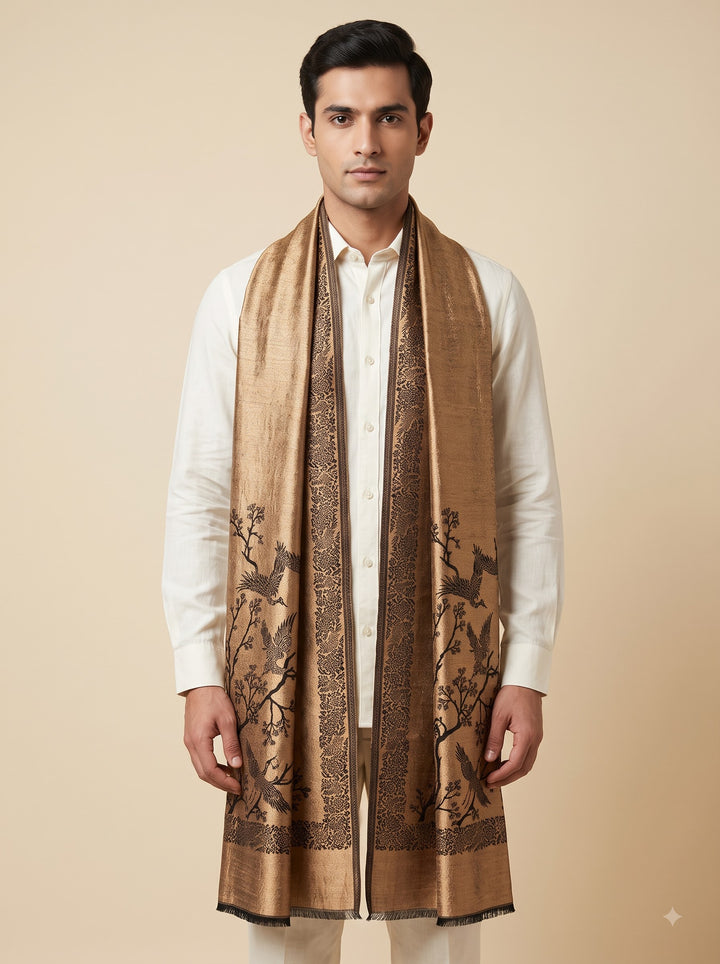 Reversible Black Gold Zari Fine Wool Shawl with Crane Motif