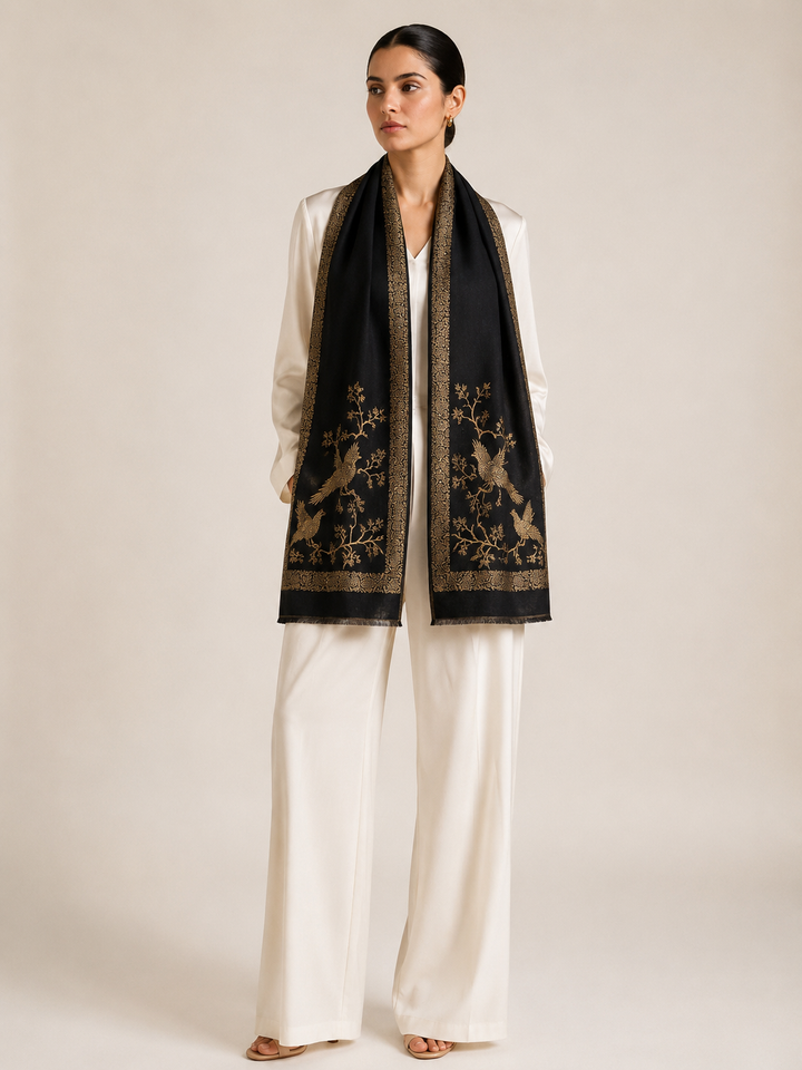 Reversible Black Gold Zari Fine Wool Shawl with Crane Motif