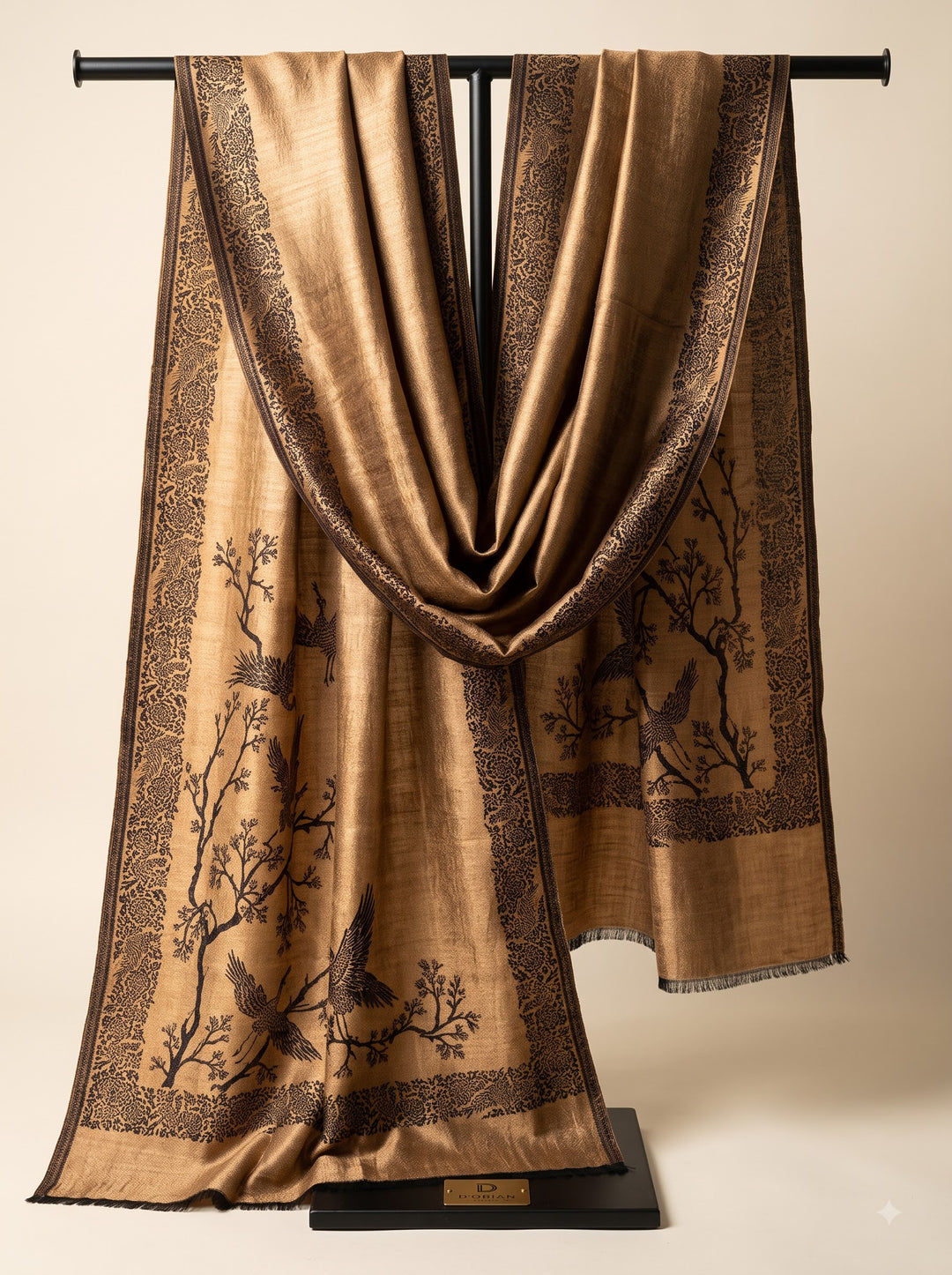 Reversible Black Gold Zari Fine Wool Shawl with Crane Motif