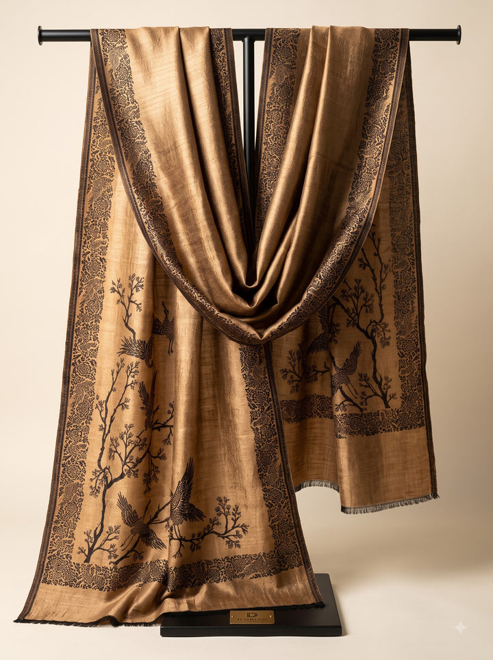 Reversible Black Gold Zari Fine Wool Shawl with Crane Motif
