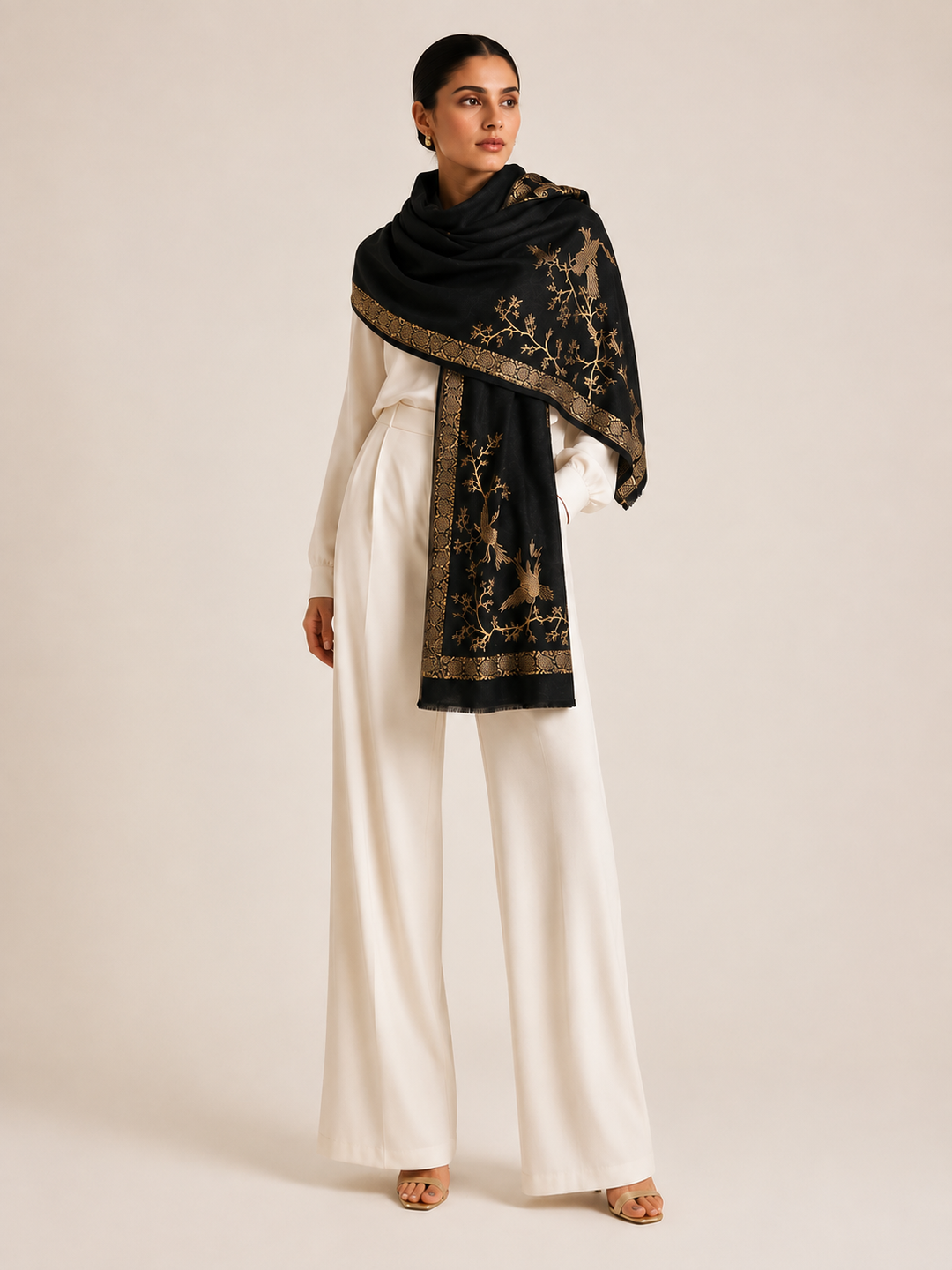 Reversible Black Gold Zari Fine Wool Shawl with Crane Motif