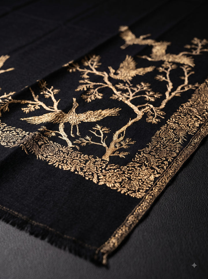 Reversible Black Gold Zari Fine Wool Shawl with Crane Motif