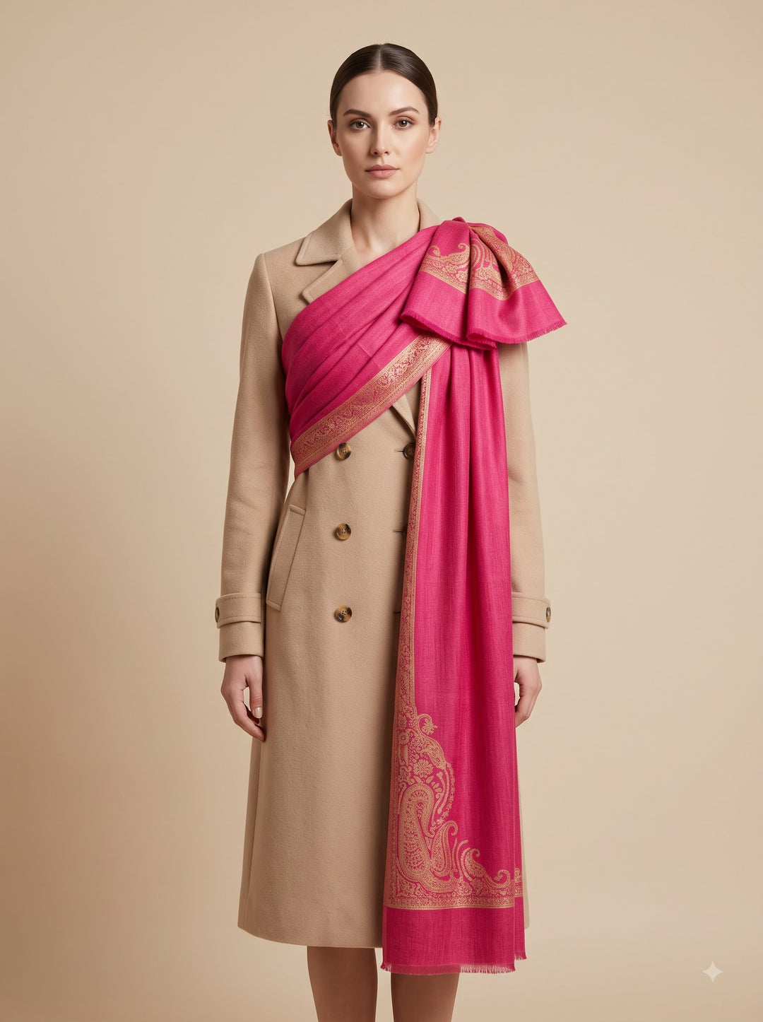 Reversible Pink Gold Zari Fine Wool Shawl with Paisley Motif