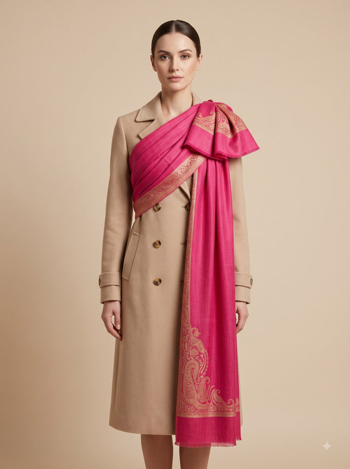 Reversible Pink Gold Zari Fine Wool Shawl with Paisley Motif
