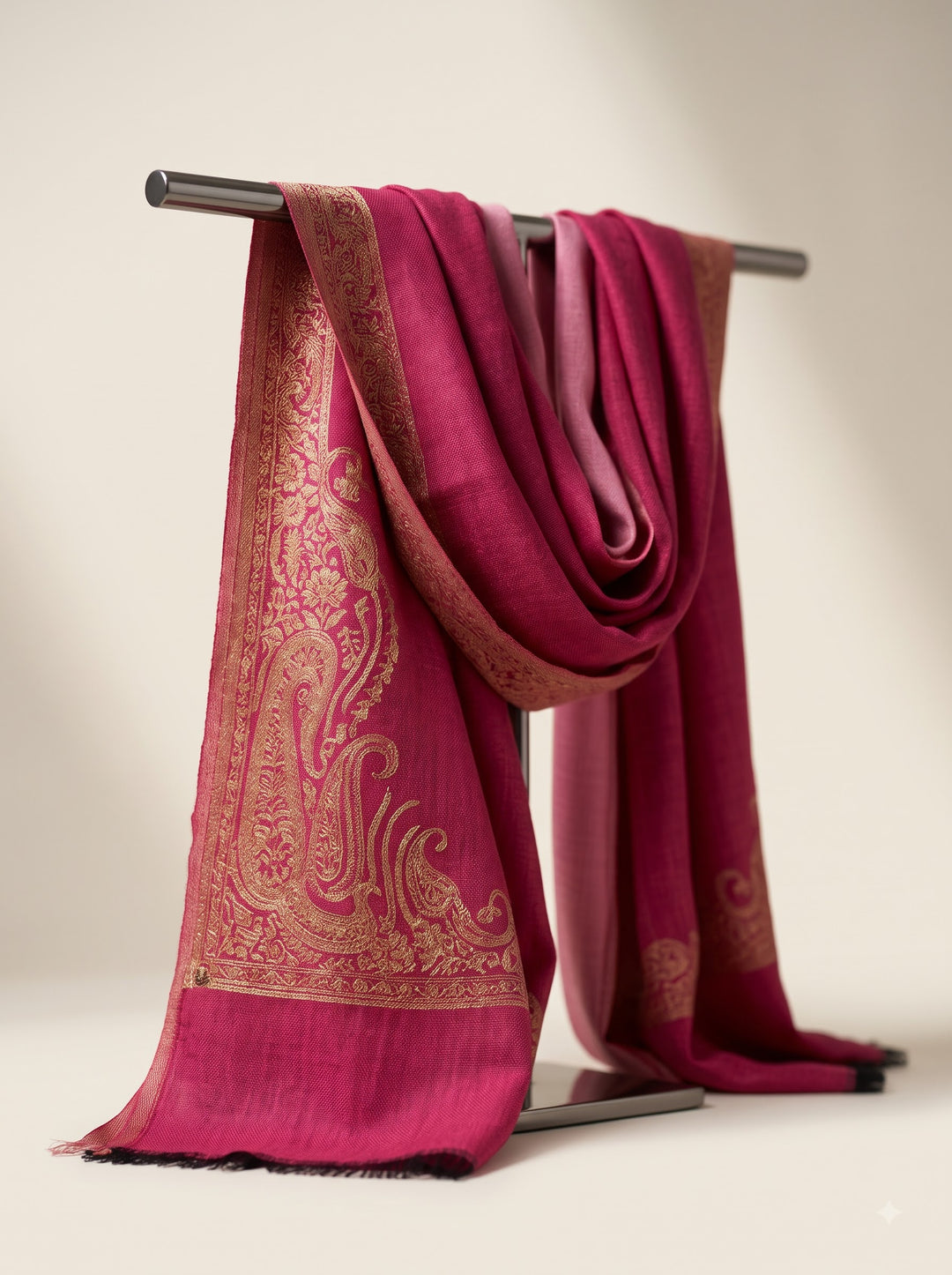 Reversible Pink Gold Zari Fine Wool Shawl with Paisley Motif