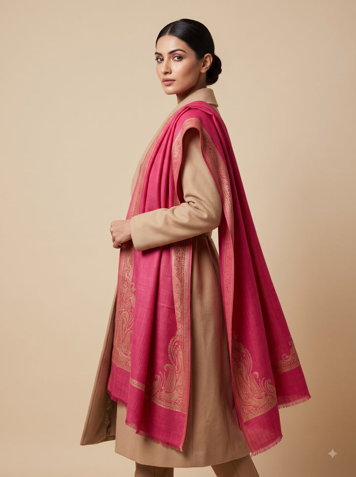 Reversible Pink Gold Zari Fine Wool Shawl with Paisley Motif