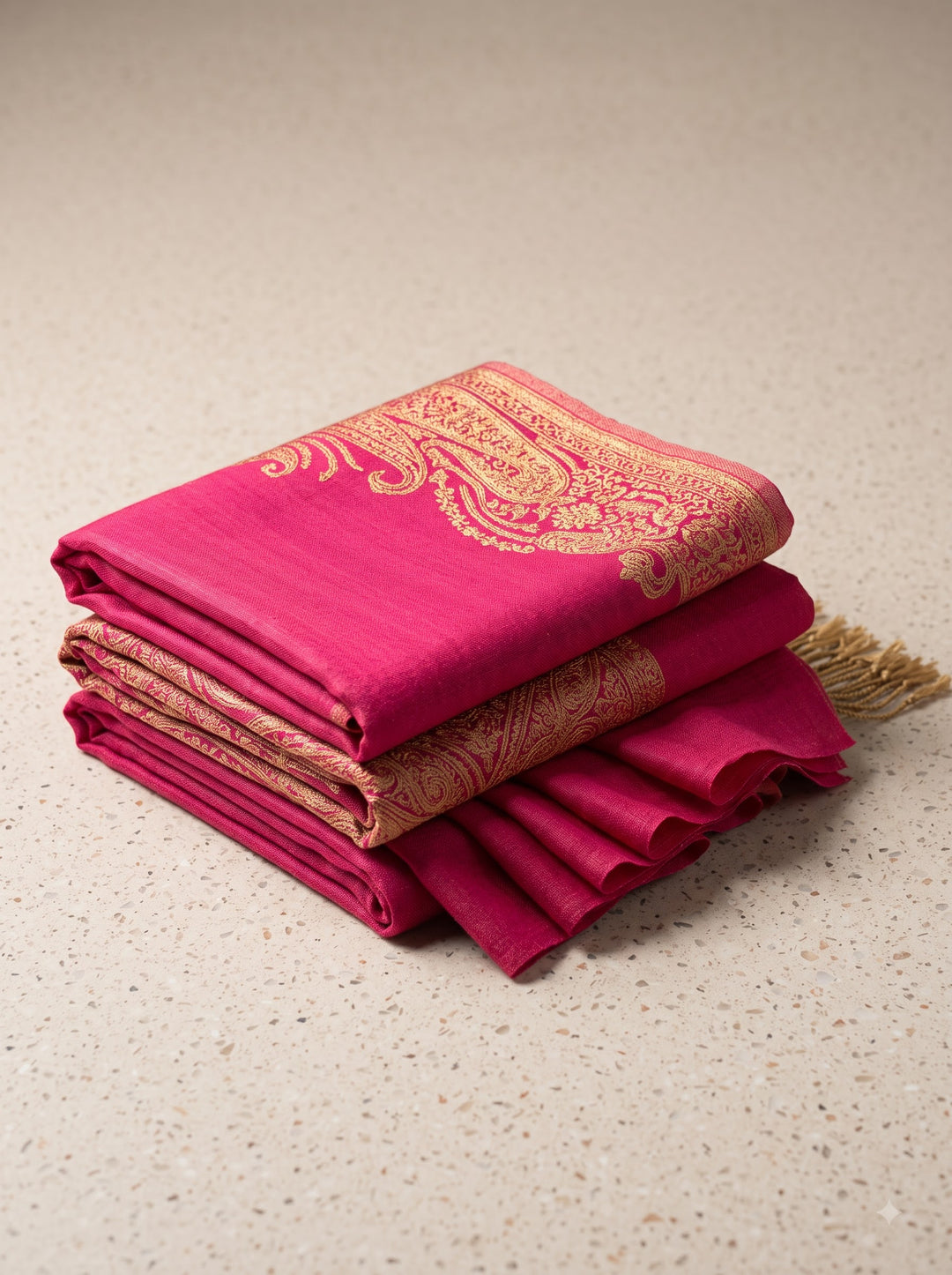 Reversible Pink Gold Zari Fine Wool Shawl with Paisley Motif