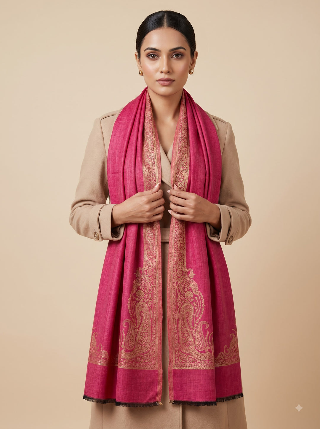 Reversible Pink Gold Zari Fine Wool Shawl with Paisley Motif