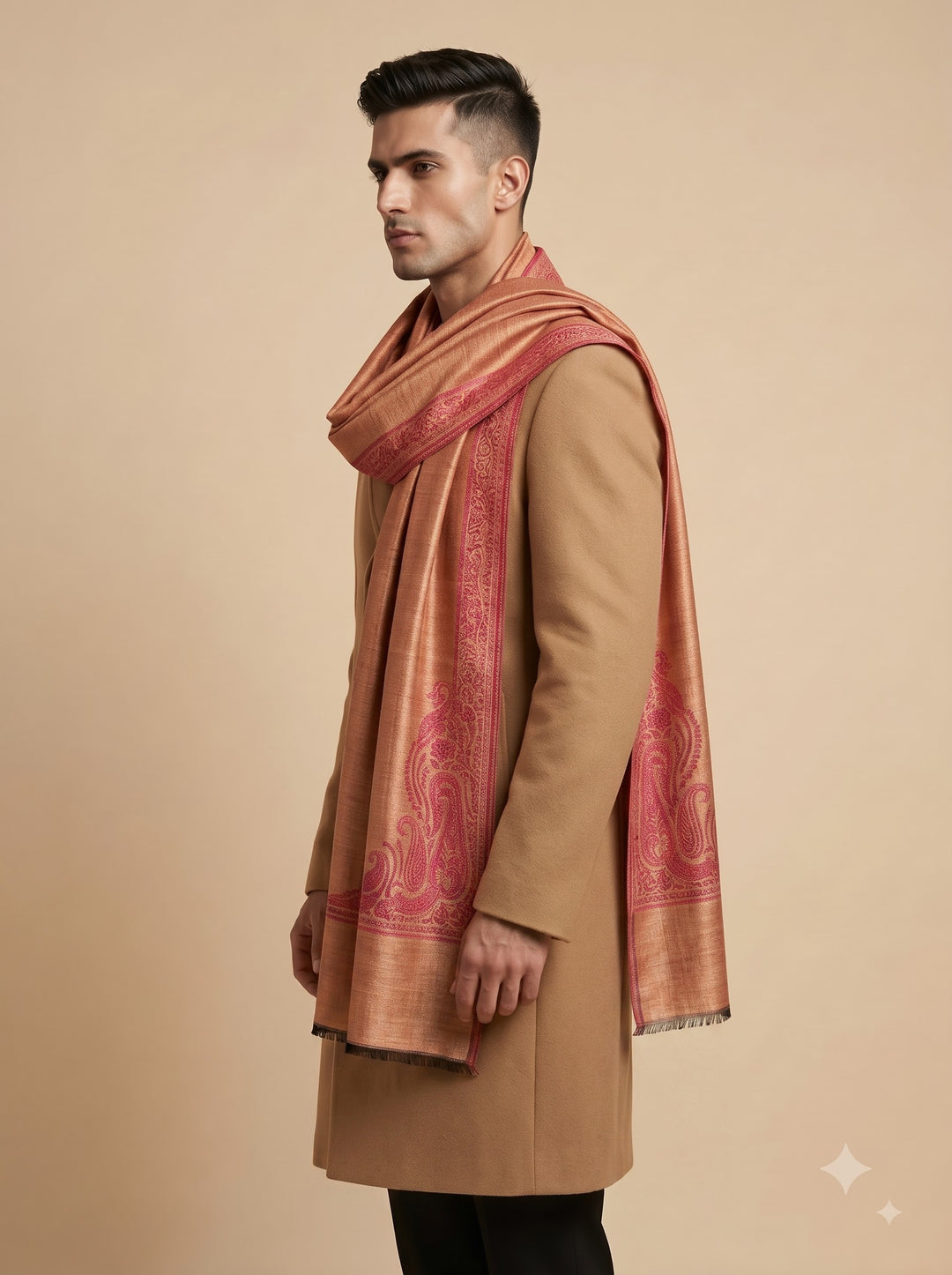 Reversible Pink Gold Zari Fine Wool Shawl with Paisley Motif