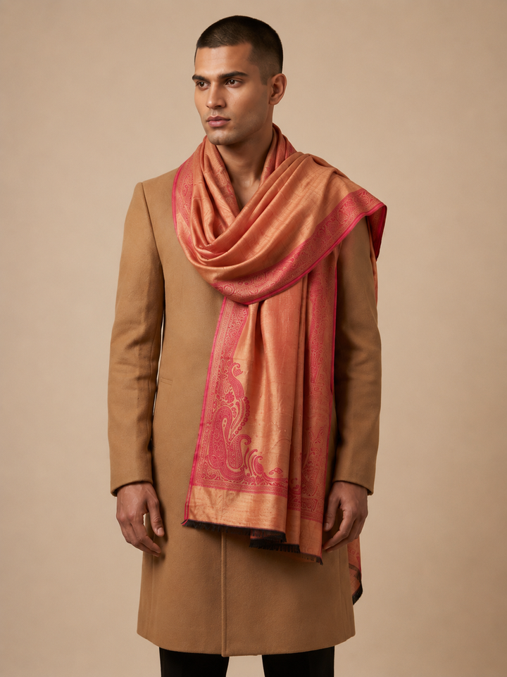Reversible Pink Gold Zari Fine Wool Shawl with Paisley Motif