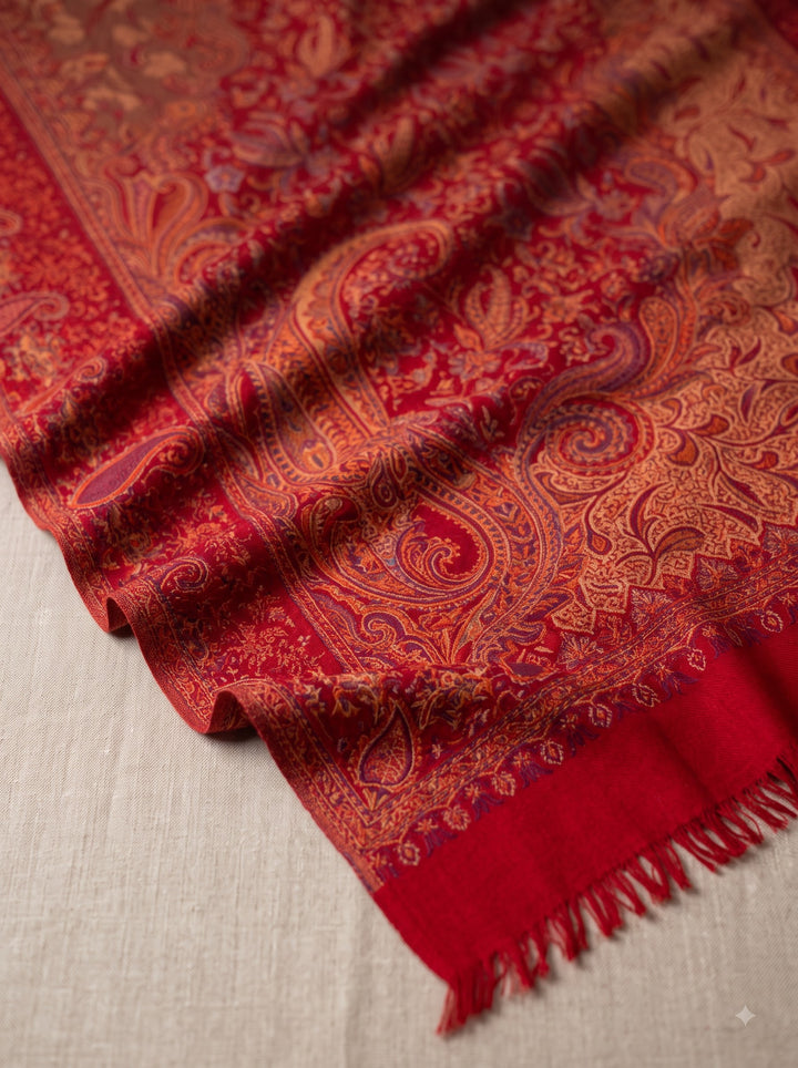 Red Jamawar Shawl with Woven Paisley Design