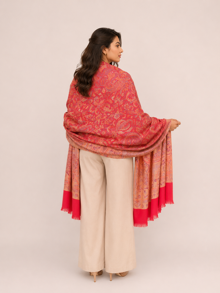 Red Jamawar Shawl with Woven Paisley Design