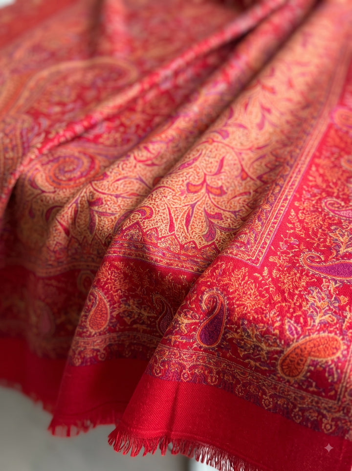 Red Jamawar Shawl with Woven Paisley Design