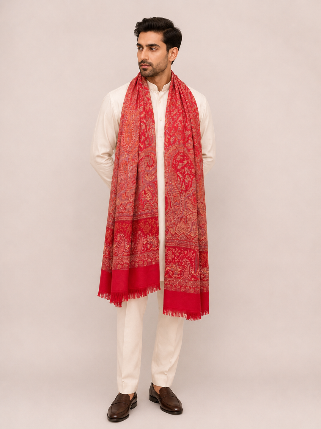 Red Jamawar Shawl with Woven Paisley Design