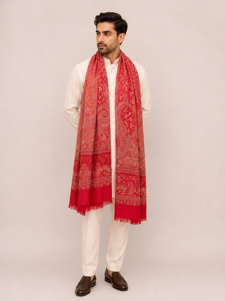 Red Jamawar Shawl with Woven Paisley Design