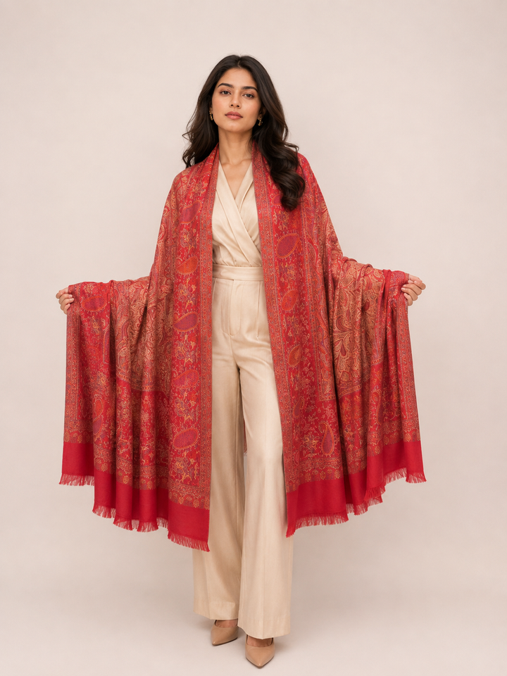 Red Jamawar Shawl with Woven Paisley Design