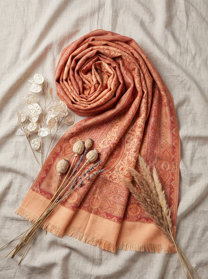 Cream Rust Jamawar Shawl with Woven Paisley Design