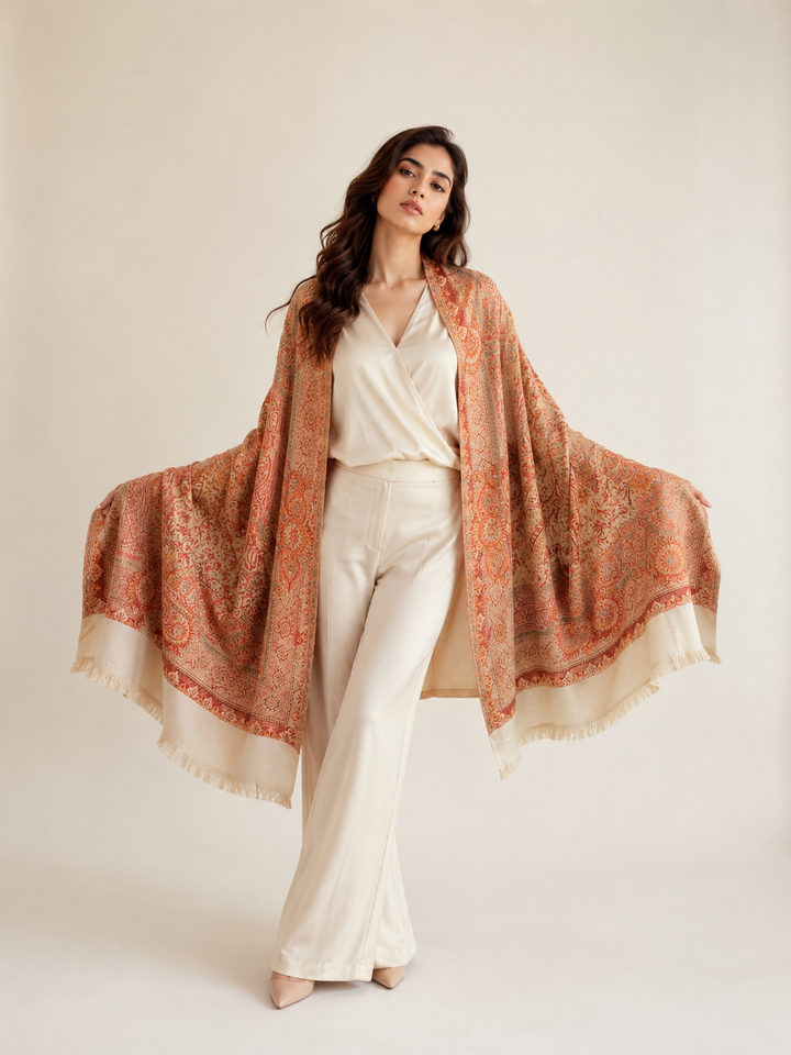 Cream Rust Jamawar Shawl with Woven Paisley Design
