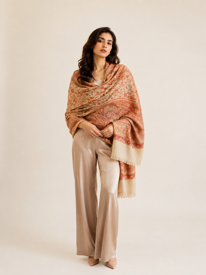 Cream Rust Jamawar Shawl with Woven Paisley Design