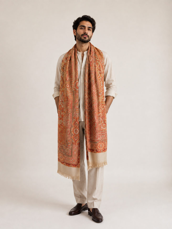 Cream Rust Jamawar Shawl with Woven Paisley Design