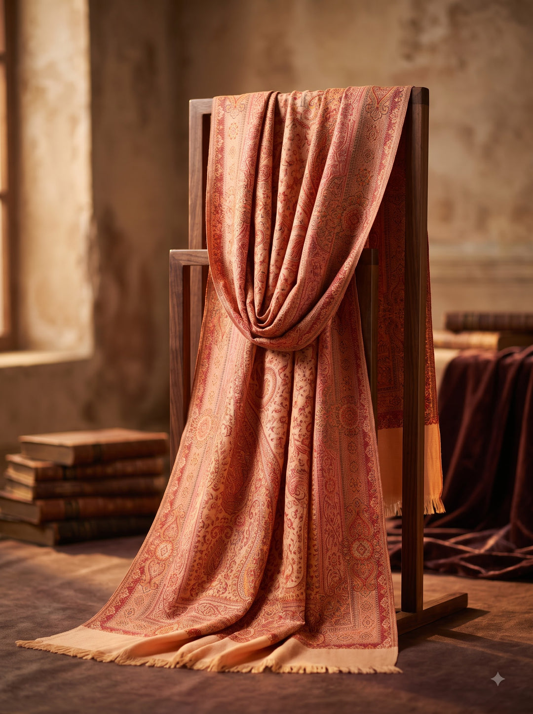 Cream Rust Jamawar Shawl with Woven Paisley Design