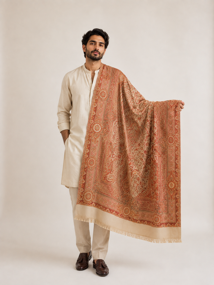 Cream Rust Jamawar Shawl with Woven Paisley Design