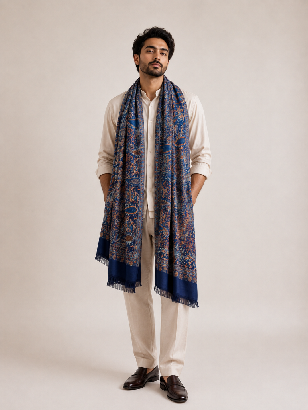 Navy Copper Jamawar Shawl with Woven Paisley Design