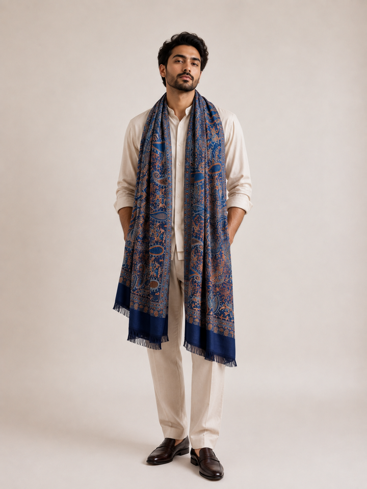 Navy Copper Jamawar Shawl with Woven Paisley Design