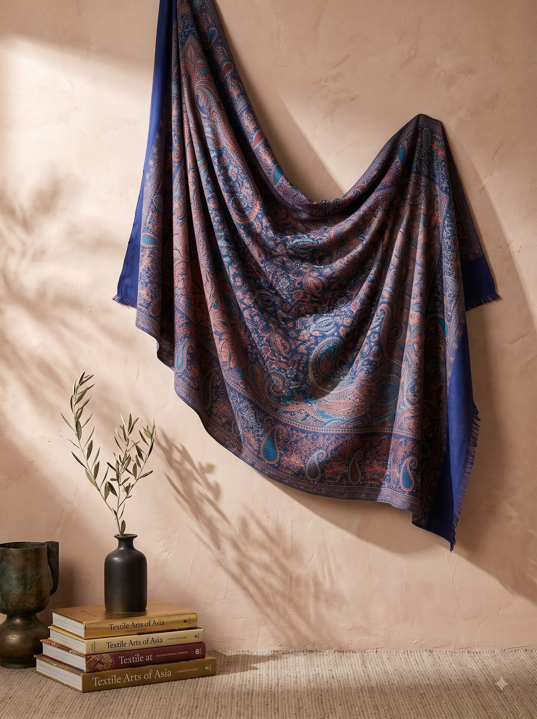 Navy Copper Jamawar Shawl with Woven Paisley Design