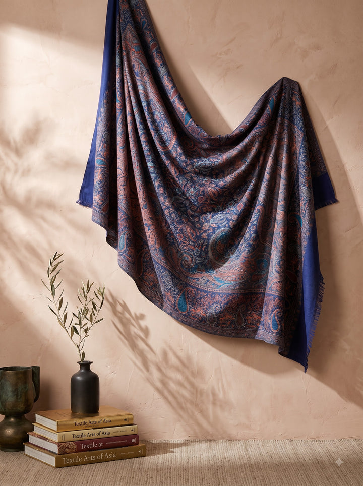 Navy Copper Jamawar Shawl with Woven Paisley Design