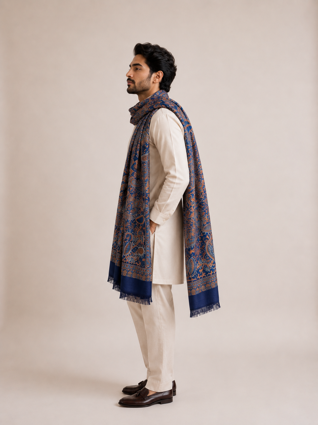 Navy Copper Jamawar Shawl with Woven Paisley Design