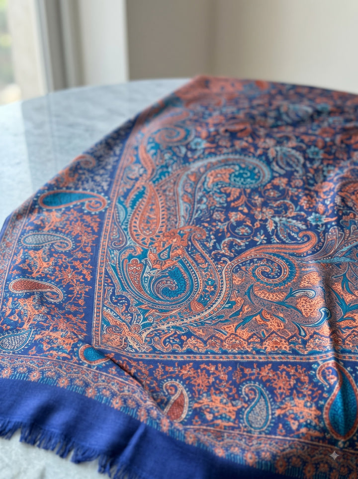 Navy Copper Jamawar Shawl with Woven Paisley Design
