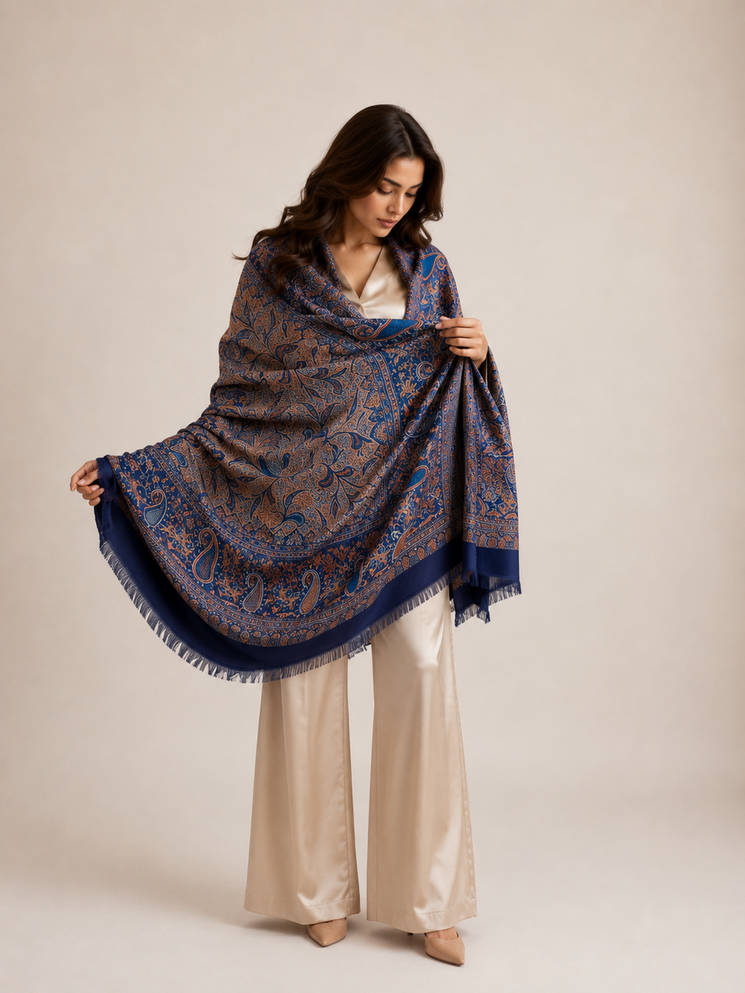 Navy Copper Jamawar Shawl with Woven Paisley Design